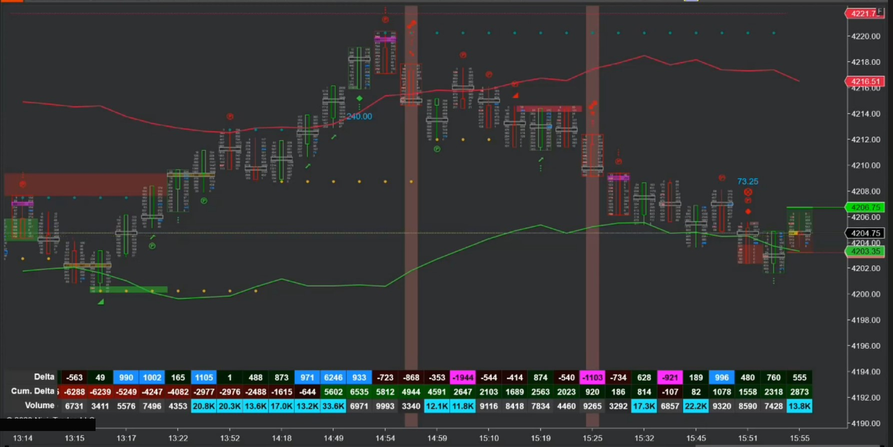 Footprint bars with delta, cumulative delta and volume — bar by bar