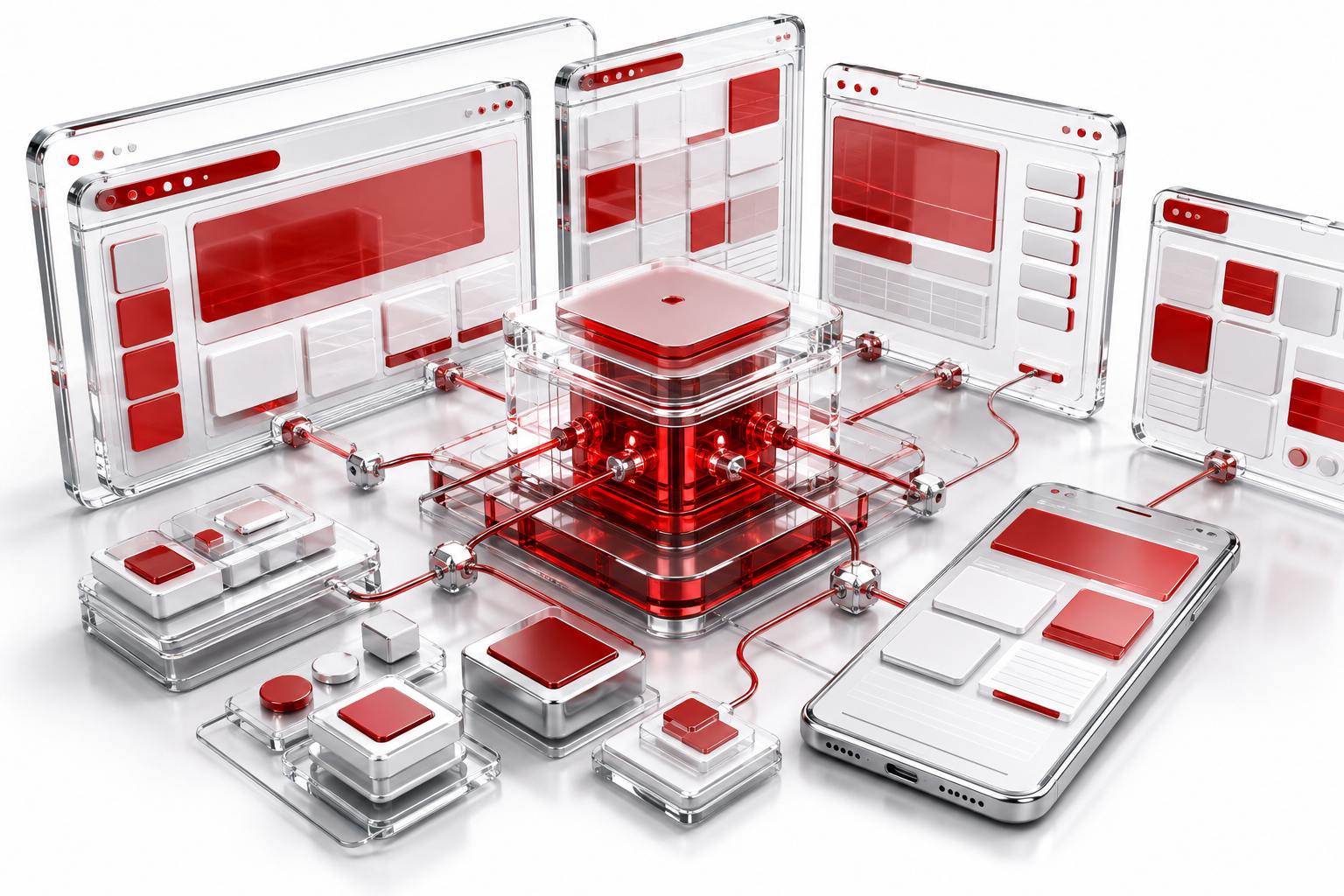Layered glass software and website interfaces, a mobile application and connected integration modules