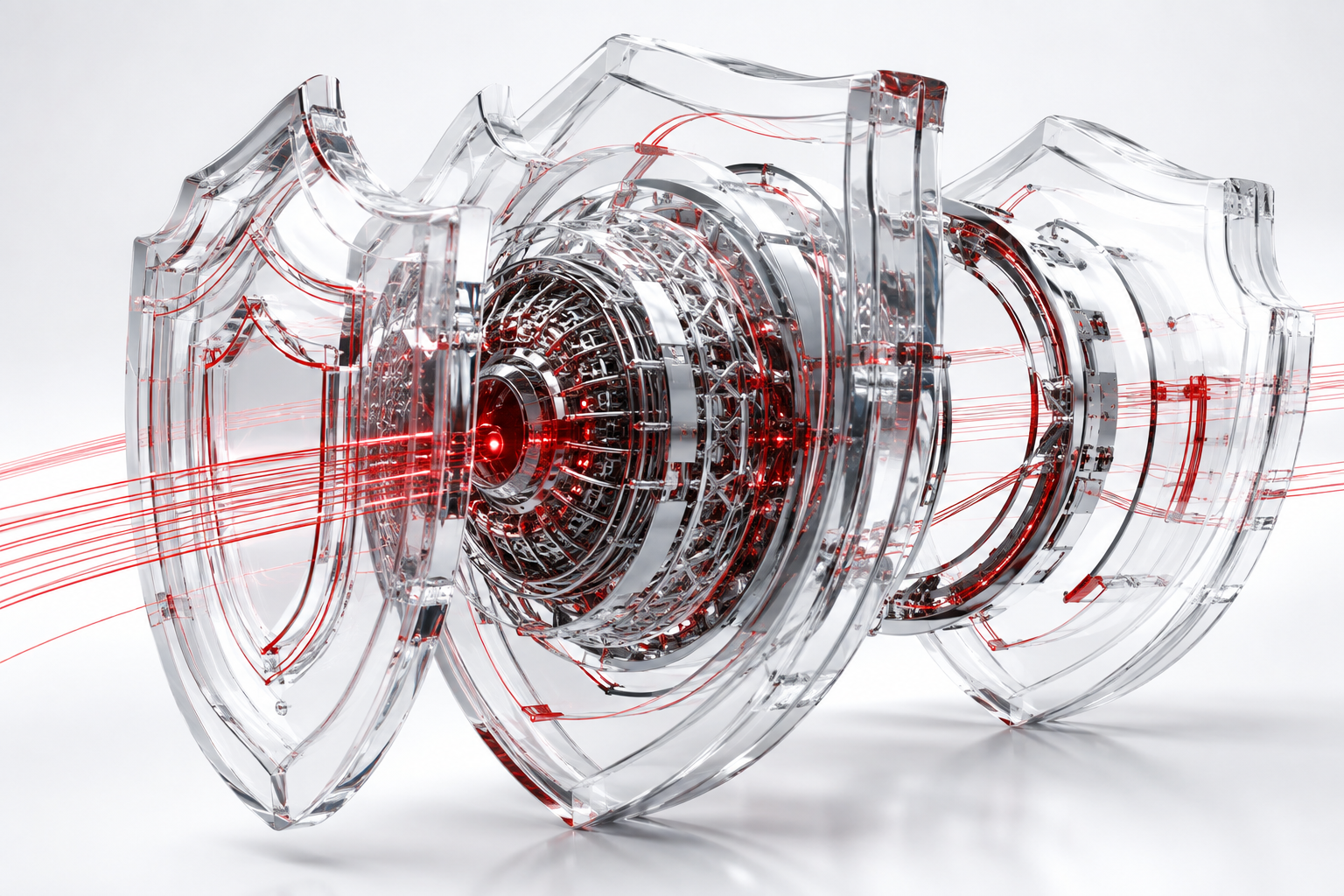 Exploded glass security layers around a protected chrome core, linked by crimson data fibres
