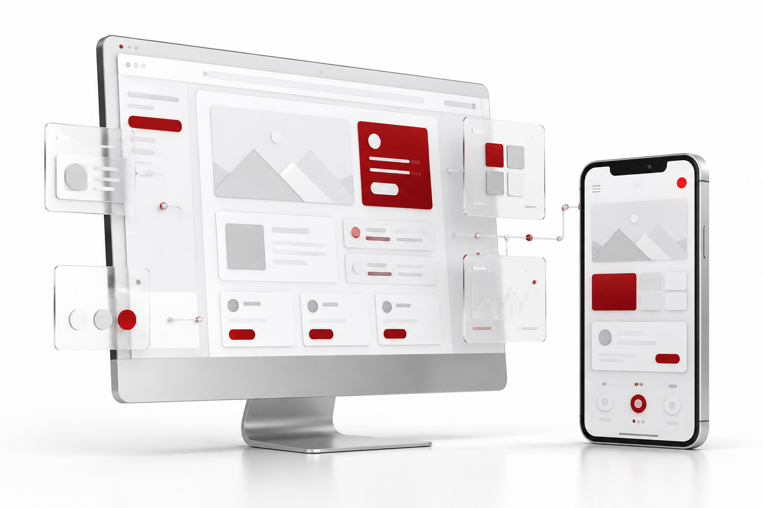 Conceptual desktop website and mobile application with connected glass and crimson interface components